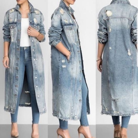 Vintage Distressed Ripped Long Maxi Denim Coat Jean Jacket - Picture 6 of 7